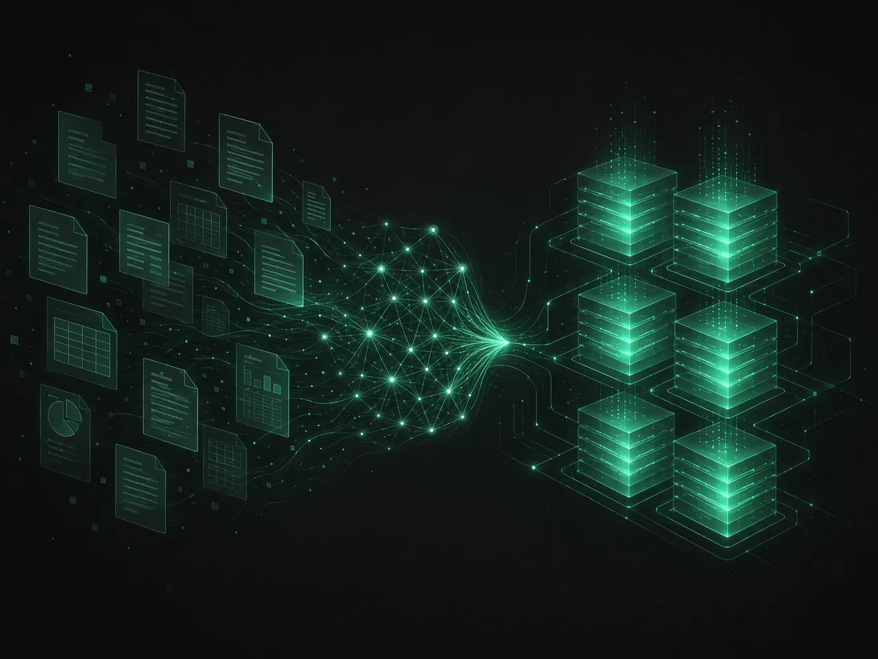 AIが業務データを処理するニューラルネットワークのイメージ